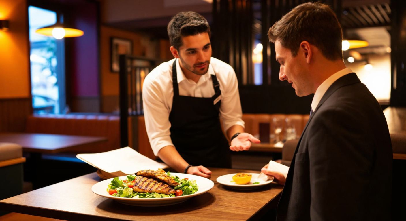 A warmly lit restaurant with a waiter in a crisp white shirt and black apron attentively listening to a customer pointing at a menu, while a plate of grilled fish and fresh salad sits on the table between them.