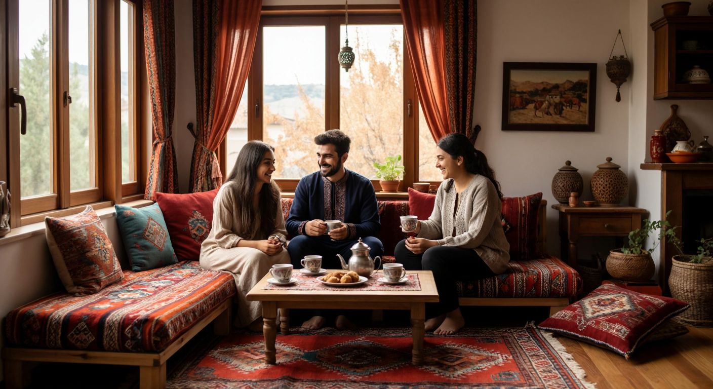 A cozy Turkish living room with a low wooden sedir sofa covered in colorful cushions, surrounded by a handwoven kilim and patterned curtains, where a smiling family sits comfortably chatting over steaming cups of çay.