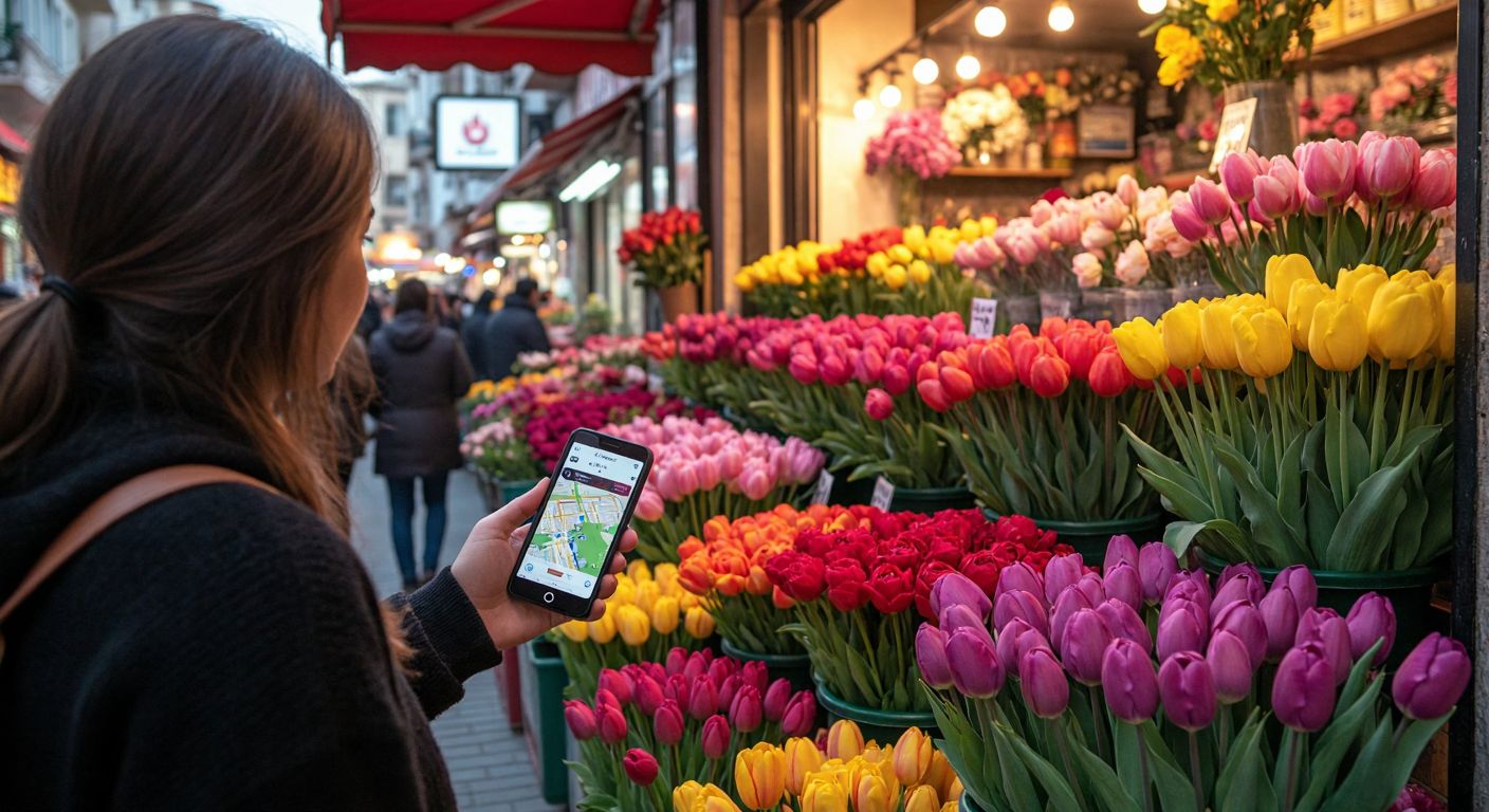 A person in a bustling Turkish street gazes at a vibrant flower shop with colorful tulips and roses displayed outside, while holding a smartphone with a map app open.