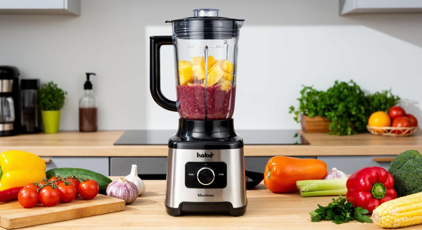A modern kitchen counter in Turkey with a Fakir Mixwell 1000-watt blender whirring as it blends colorful vegetables, fruits, and ice into a smoothie, surrounded by fresh ingredients like tomatoes, peppers, and herbs.