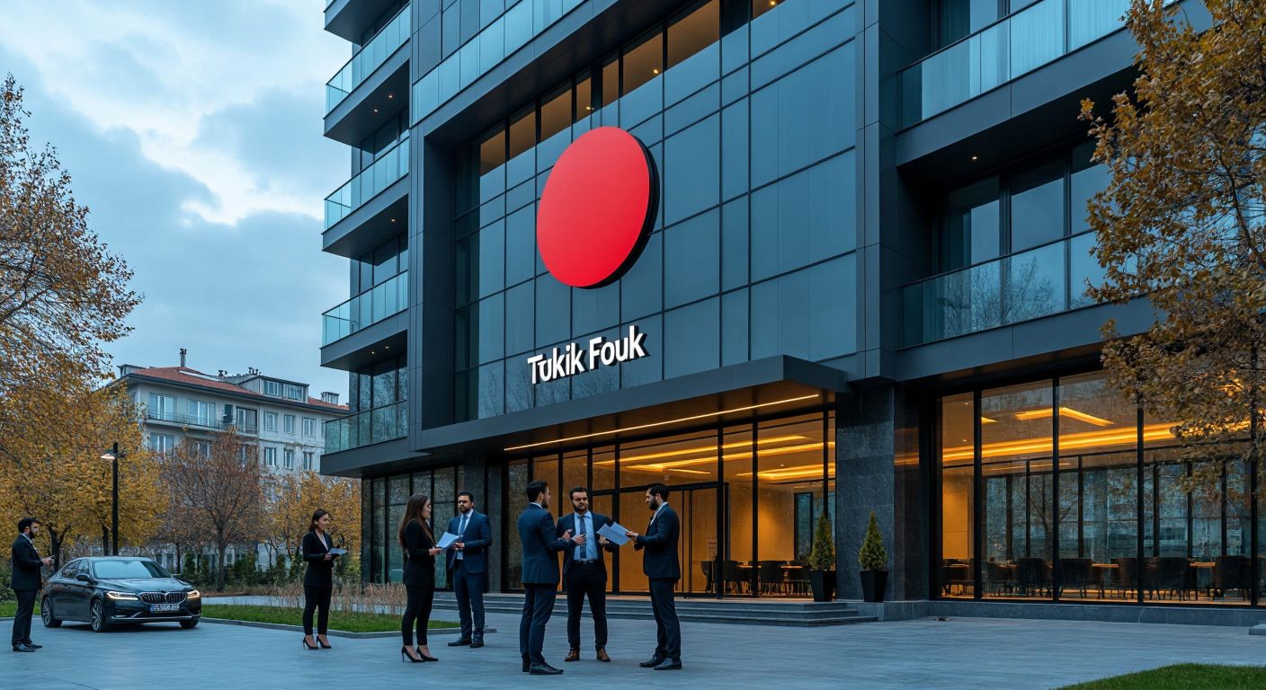 A modern office building in Istanbul with the Türkiye Varlık Fonu logo subtly displayed on its facade, surrounded by professionals in business attire discussing financial documents.