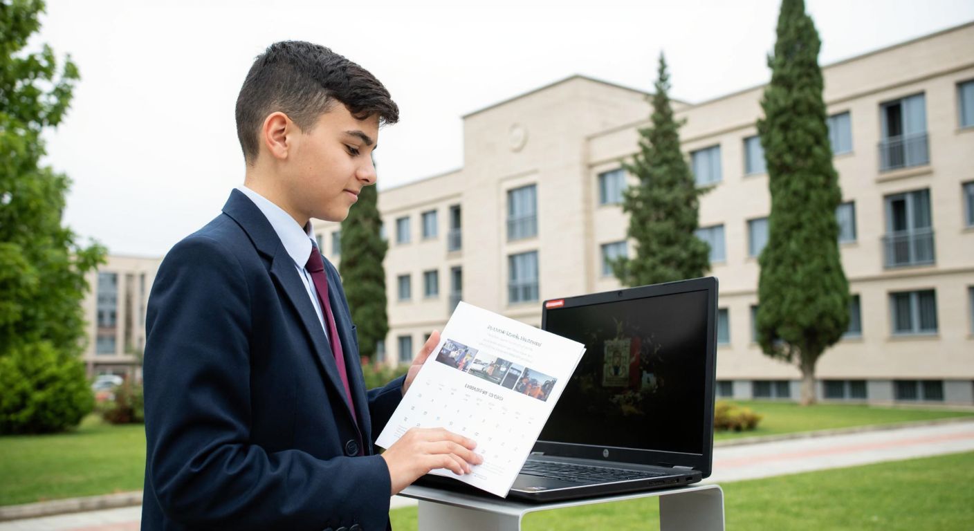 A young student in a Turkish vocational school uniform stands in front of a university building, holding a printed academic calendar while looking at a computer screen displaying a university website.