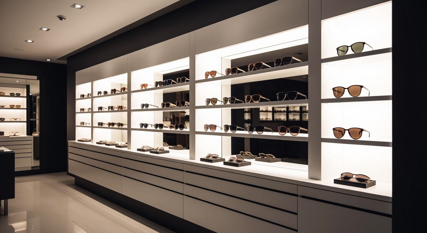 A sleek, modern Turkish optician's display case filled with high-end designer sunglasses under soft lighting, reflecting luxury and style.