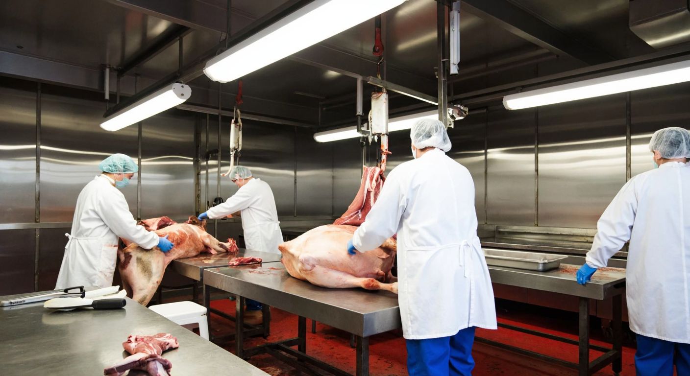 A sterile slaughterhouse interior with workers in white coats and hairnets carefully processing a calf, surrounded by stainless steel tables and tools under bright overhead lights.