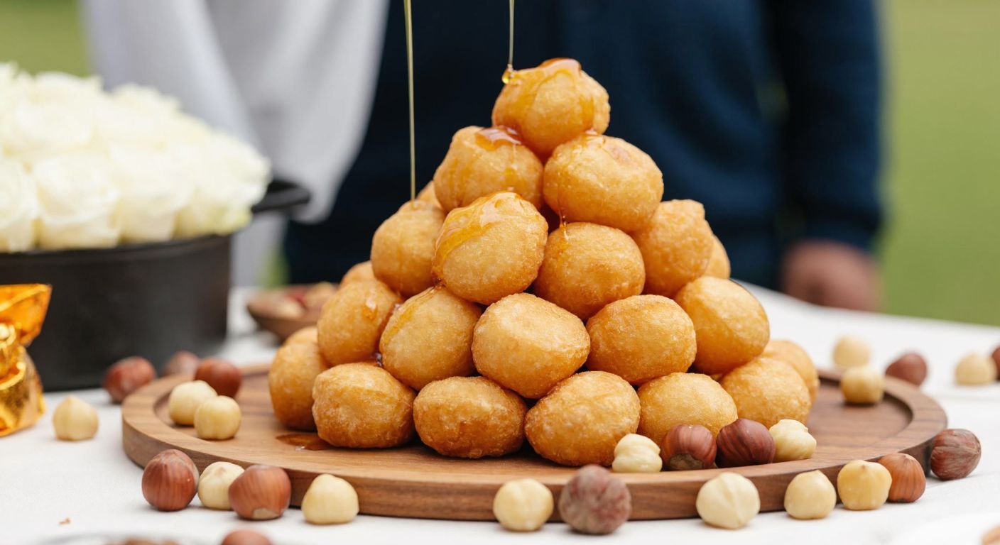 A golden-brown pyramid of crispy fried dough balls drizzled with honey, surrounded by scattered hazelnuts and dried fruits on a wooden tray at a lively Tatar wedding celebration.