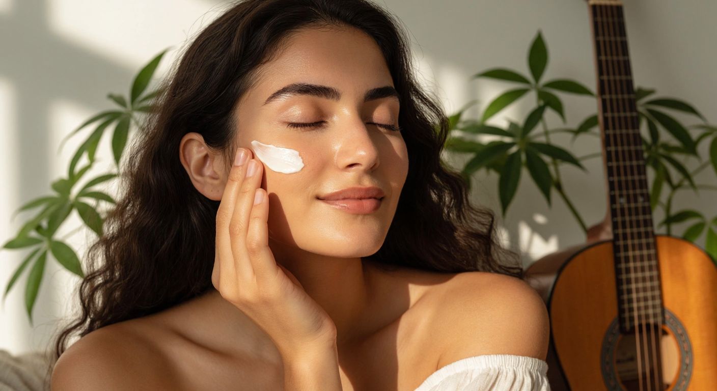 A serene Turkish woman with olive-toned skin gently applying a creamy moisturizer to her cheek, surrounded by small bottles of botanical extracts and thermal water, with a classical guitar resting nearby.