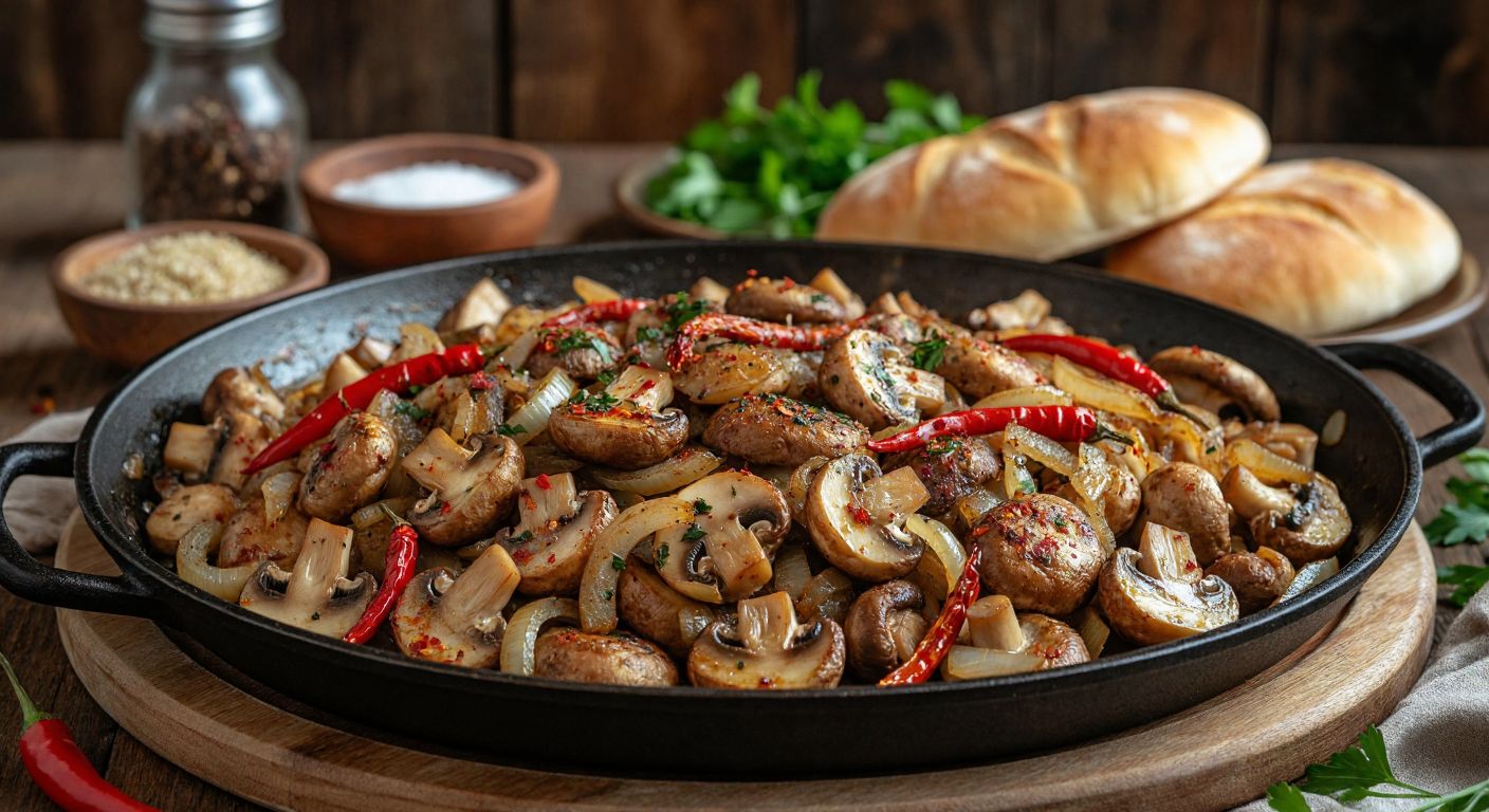 A sizzling pan of golden-brown oyster mushrooms sautéed with onions, garlic, and red peppers in melted butter, sprinkled with vibrant spices like paprika and cumin, served alongside fresh bread on a rustic Turkish table.