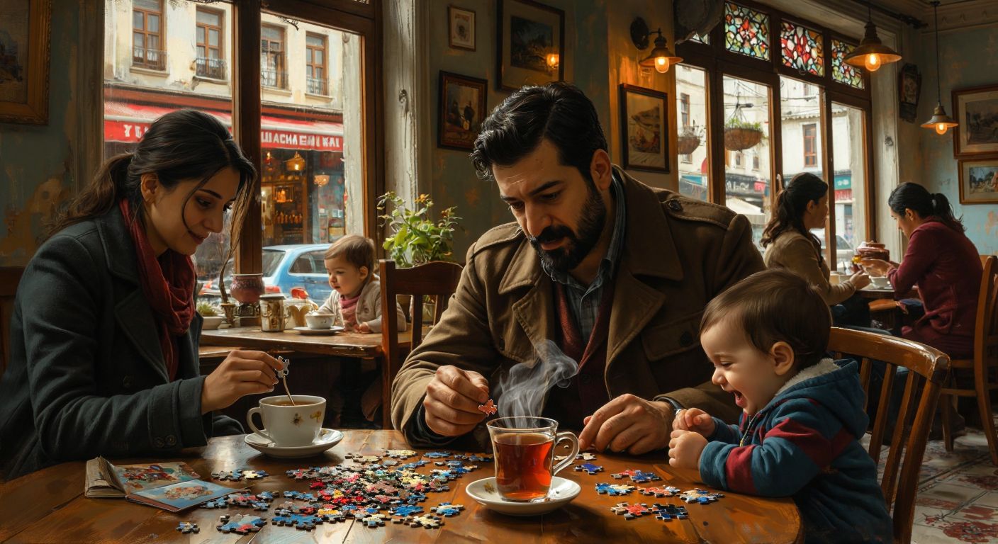 A Turkish detective in a cozy Istanbul café examines scattered puzzle pieces and a steaming cup of çay, while a mother attentively watches her giggling baby nearby.