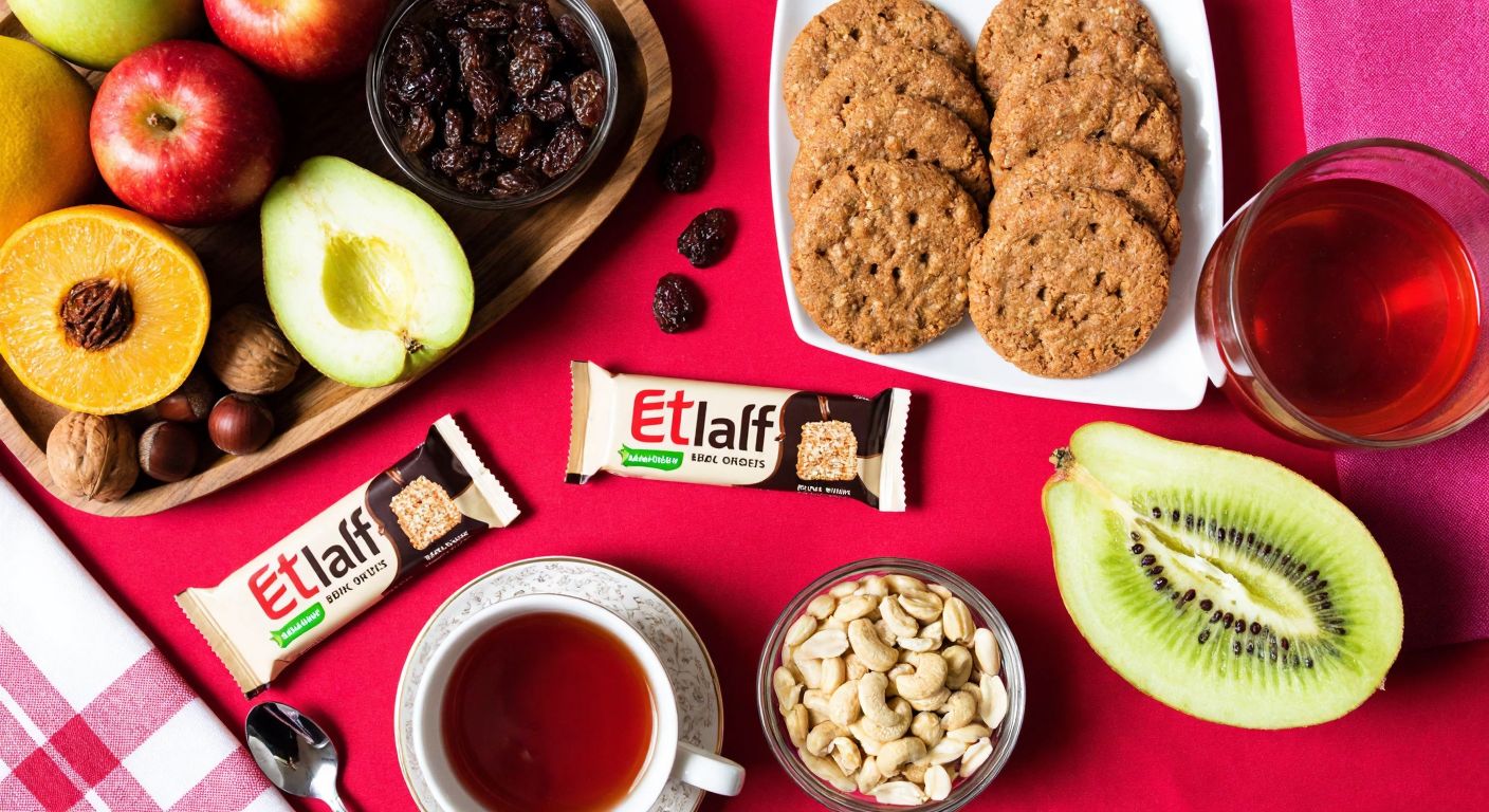 A vibrant Turkish breakfast table with Eti Lifalif bars and Eti Burçak biscuits arranged neatly beside fresh fruits, nuts, and a steaming cup of çay, evoking a wholesome, fiber-rich snack moment.