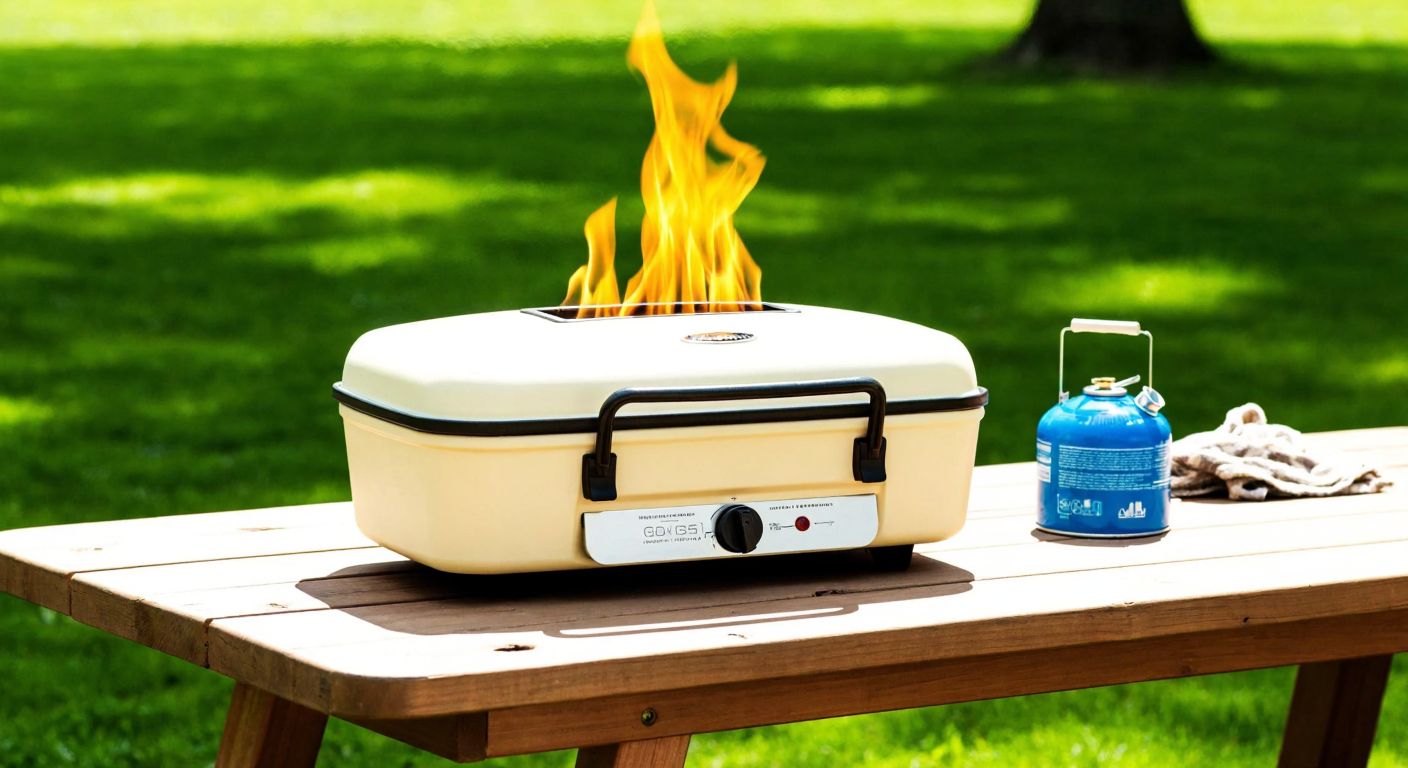 A compact, cream-colored portable grill sits on a sunlit wooden picnic table in a lush green park, with a small blue gas canister beside it, emitting gentle flames under a clear sky.