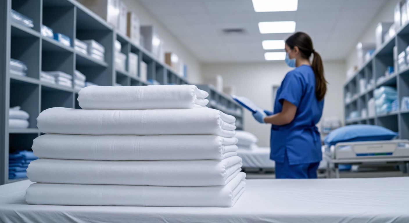 A neatly stacked pile of 80 white Canped bed protectors, each folded to 80x180 cm, arranged in a clean, bright Turkish hospital storage room with a nurse in blue scrubs checking the inventory.