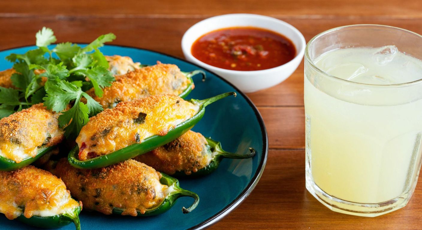 A vibrant plate of golden-brown cheese-stuffed jalapeños, garnished with fresh cilantro, sits beside a small bowl of spicy red sauce and a glass of chilled lemonade on a rustic wooden table.