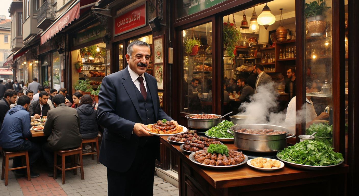 A bustling traditional Turkish restaurant in Gebze, with a middle-aged man in a crisp suit warmly greeting guests near the entrance, surrounded by steaming plates of kebabs and baklava.