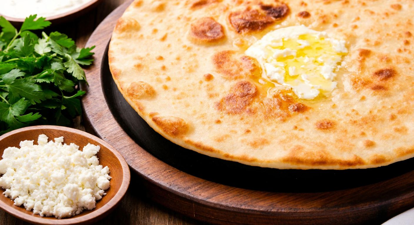 A warm, golden gözleme sizzling on a traditional Turkish sac, with melted butter glistening on its crispy surface, surrounded by fresh parsley and crumbled white cheese on a wooden table.