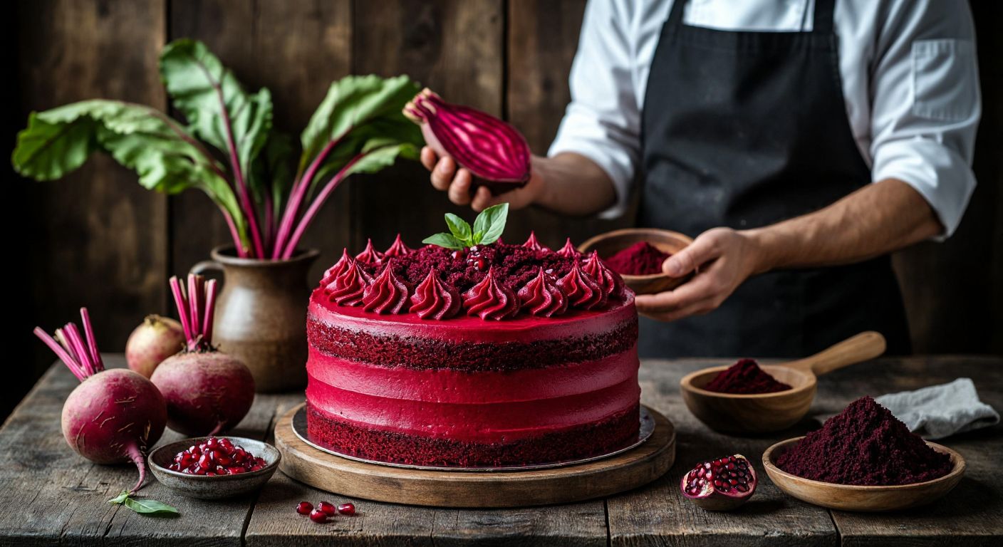 A vibrant red velvet cake sits on a rustic wooden table, surrounded by fresh beets and natural food coloring ingredients like pomegranate and hibiscus, with a Turkish chef in an apron smiling as they sprinkle beet powder into a mixing bowl.