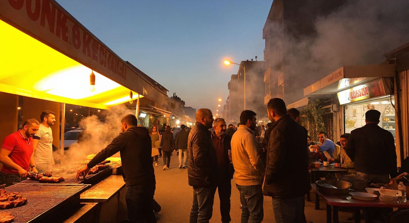 A bustling street in İkitelli at dusk, with steam rising from a sizzling kokoreç grill, surrounded by eager locals chatting and laughing under warm yellow streetlights.