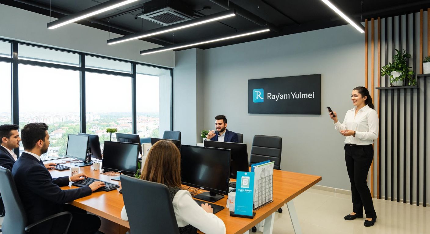 A modern office in Turkey with employees in business attire working at computers, a branded "Reyhan TL Yükleme" sign on the wall, and a customer holding a mobile phone with a satisfied expression.