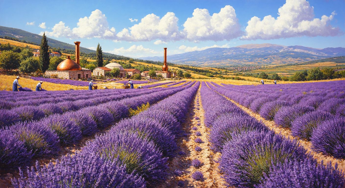A vast purple lavender field under the Turkish sun, with farmers carefully harvesting flowers and small copper stills distilling fragrant oil in the background.