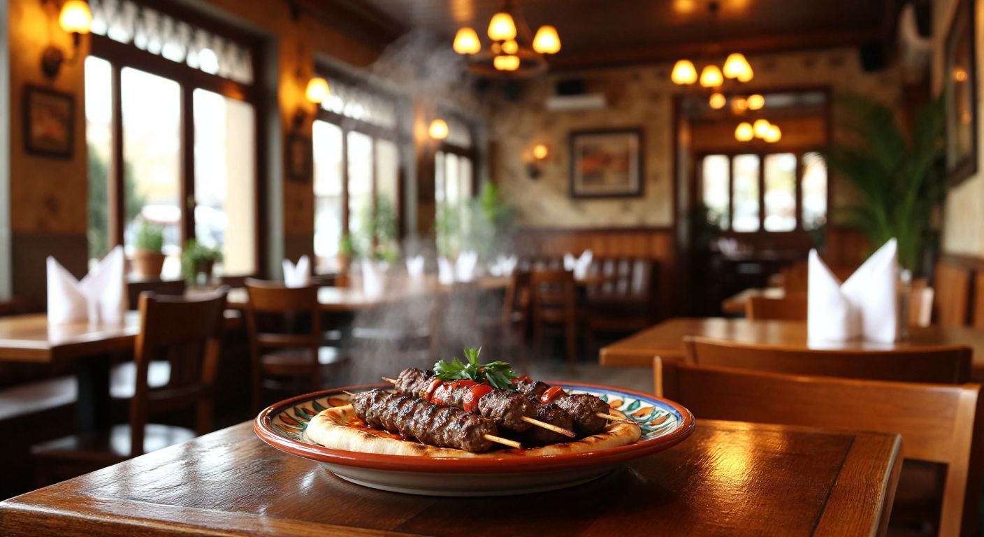A cozy Turkish restaurant with warm lighting, wooden tables, and a steaming plate of traditional kebabs served on a colorful ceramic plate, evoking a welcoming atmosphere.