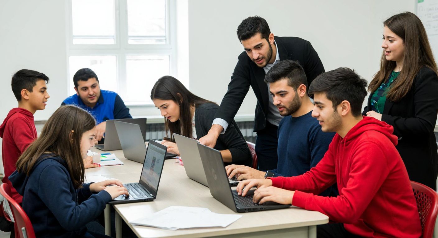 A diverse group of young students in a bright Turkish classroom collaboratively working on laptops, with a mentor guiding them while others engage in lively discussion and hands-on activities.