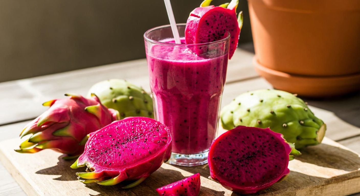 A vibrant smoothie in a glass, blending pink dragon fruit and green prickly pear, surrounded by fresh cactus fruits on a rustic wooden table in a sunlit Turkish kitchen.
