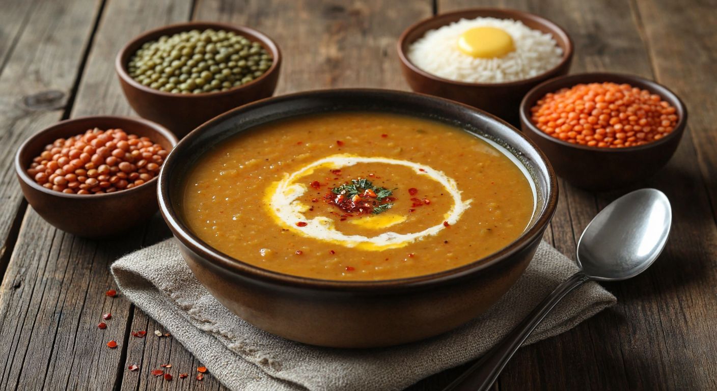 A steaming bowl of golden-brown **4 Kaşık Çorbası** sits on a rustic wooden table, surrounded by small bowls of green lentils, red lentils, rice, and bulgur, with a spoon resting beside it, while a swirl of melted butter and a sprinkle of red pepper flakes float on the soup's surface.