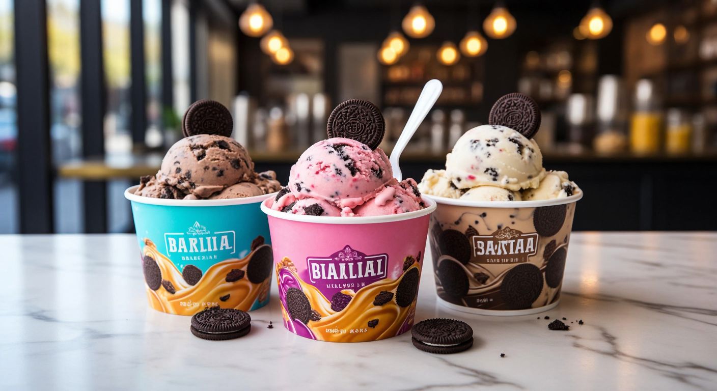 A vibrant display of three colorful ice cream tubs—one with Oreo chunks, another with cookie dough swirls, and a third with chocolate-coated cookie pieces—resting on a marble countertop under warm Turkish café lighting.