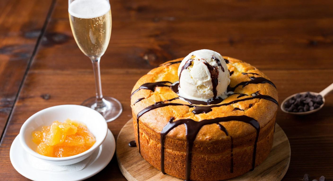 A golden-brown panettone slice sits on a rustic wooden table, topped with a scoop of creamy gelato, drizzled with chocolate sauce, and accompanied by a small bowl of orange marmalade and a glass of sparkling wine.