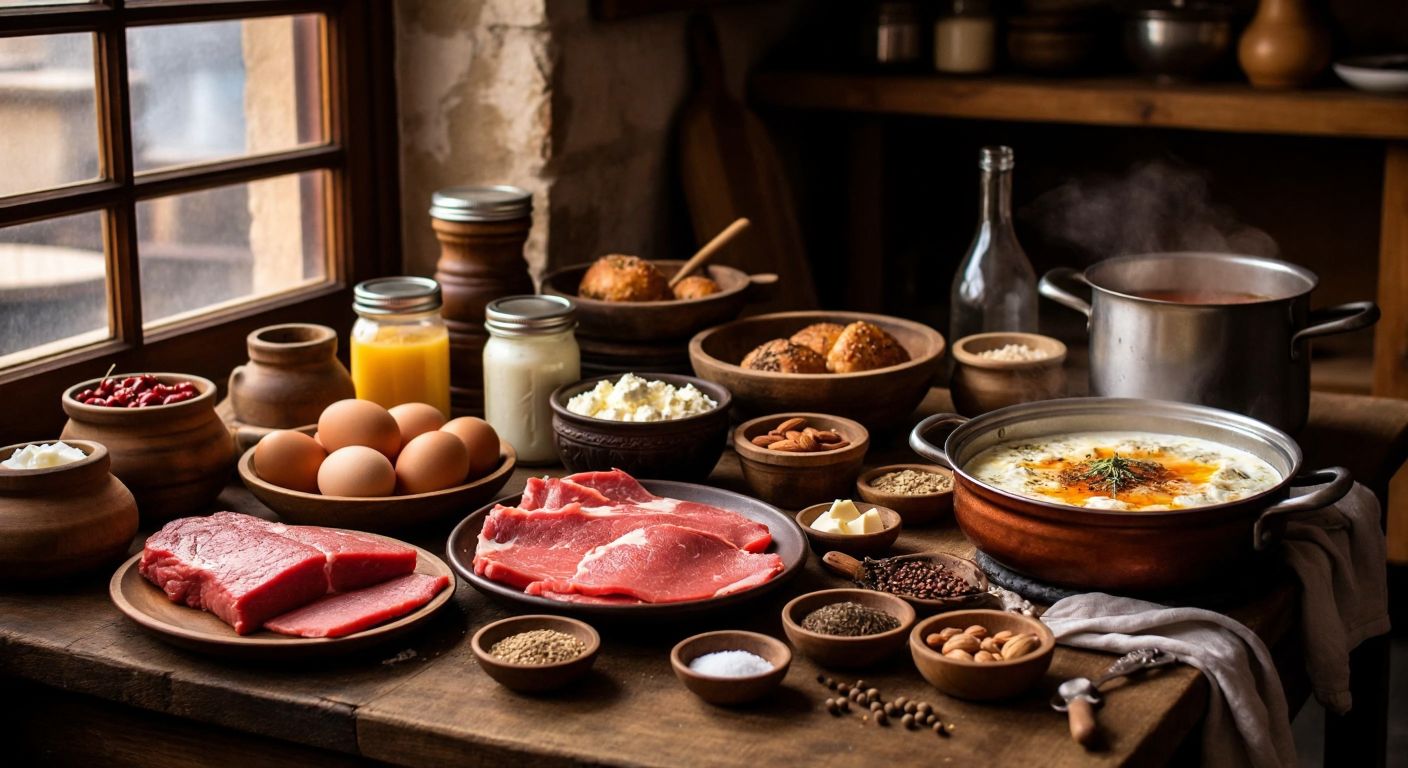 A rustic wooden table in a Turkish kitchen is laden with fresh slices of meat, grilled fish, bowls of yogurt and cheese, a basket of eggs, jars of nuts and seeds, and a steaming pot of bone broth.