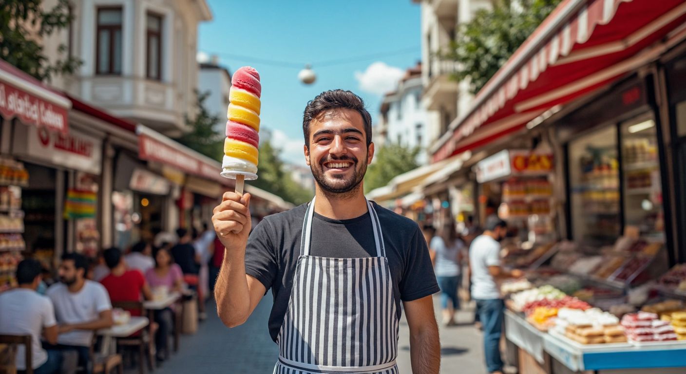 A cheerful Turkish ice cream vendor in a striped apron holds up a colorful Twister popsicle against a sunny backdrop of a bustling street market.