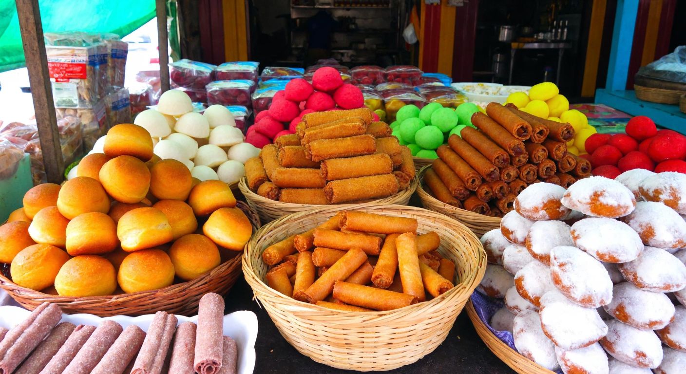 A vibrant Filipino market stall displays an array of colorful biscuits—golden Puto Seko piled in woven baskets, rolled Barquillos wrapped in wax paper, crispy Biskotso stacked neatly, and twisted Sinipit glistening with sugar.