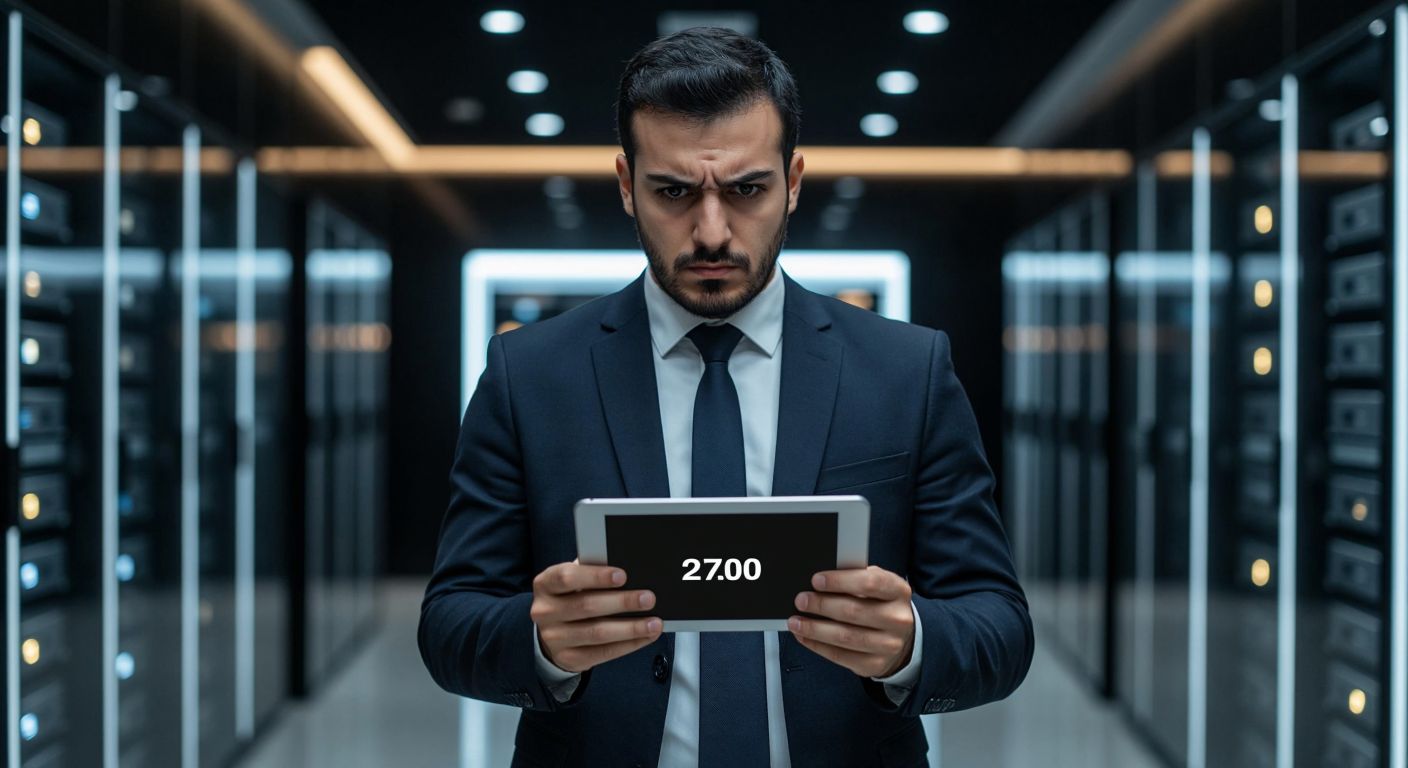 A Turkish businessman in a formal suit frowns slightly while holding a digital tablet displaying a price tag of 2,700 TL, with a stack of virtual storage drives glowing faintly in the background.