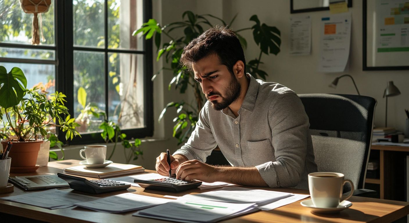 A Turkish office worker in a modern workspace frowns at a calculator and a payslip, surrounded by coffee and documents, while sunlight streams through the window.