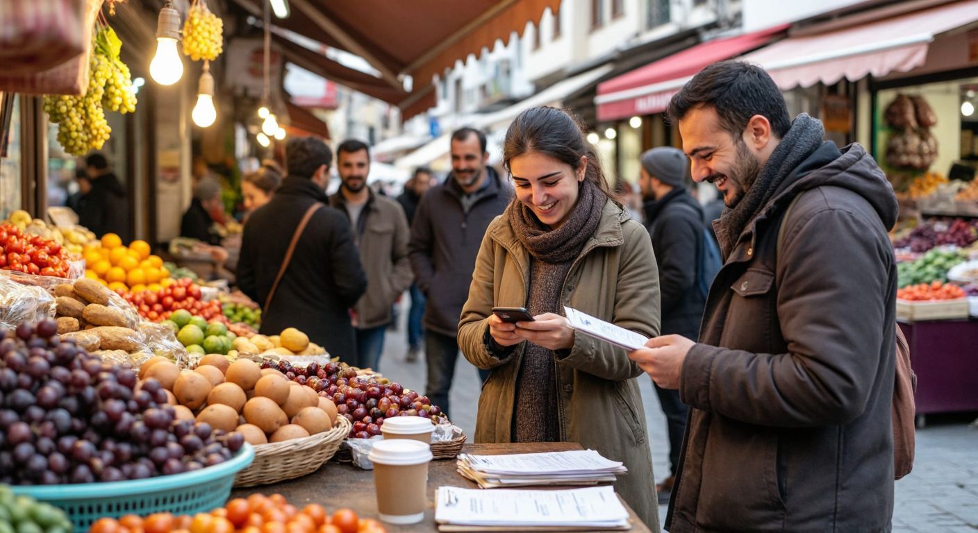 A person in Turkey taps their smartphone at a market stall while a vendor smiles, and in the background, a group discusses property documents over a table with coffee.