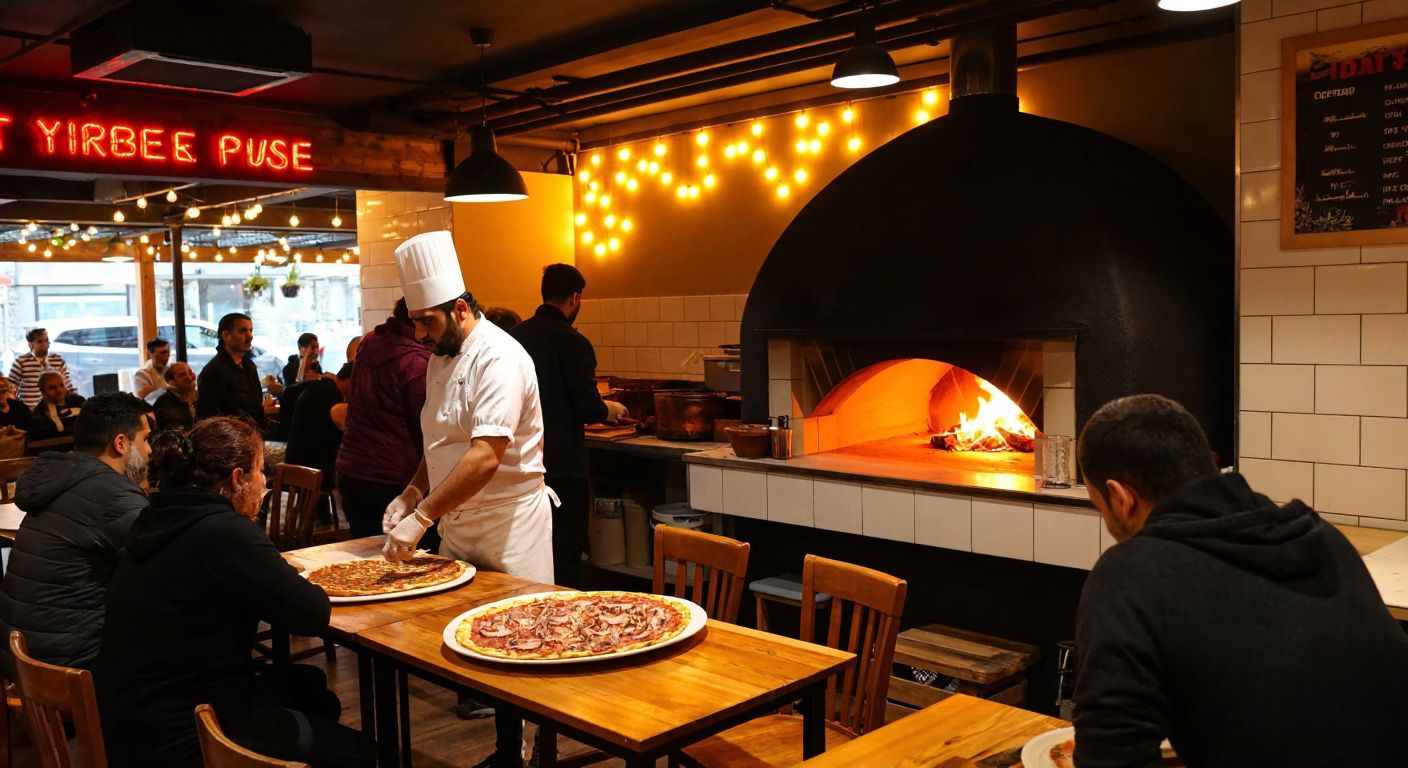 A bustling Turkish pideci with a warm, wood-fired oven glowing in the background, a chef stretching lahmacun dough, and customers eagerly waiting at wooden tables under strings of soft yellow lights.