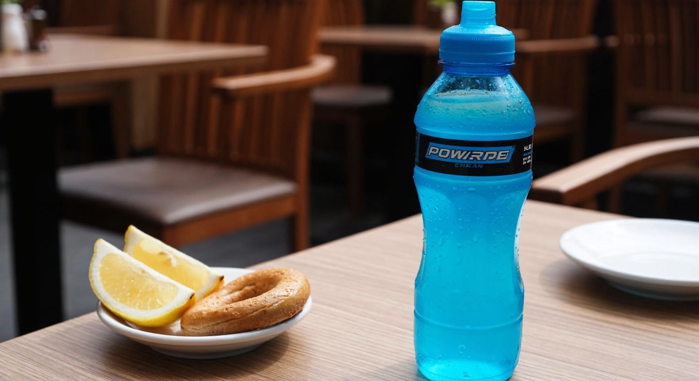 A vibrant blue Powerade bottle sits on a wooden table in a Turkish café, condensation glistening on its surface, with a bowl of fresh lemon slices and a small plate of simit beside it.