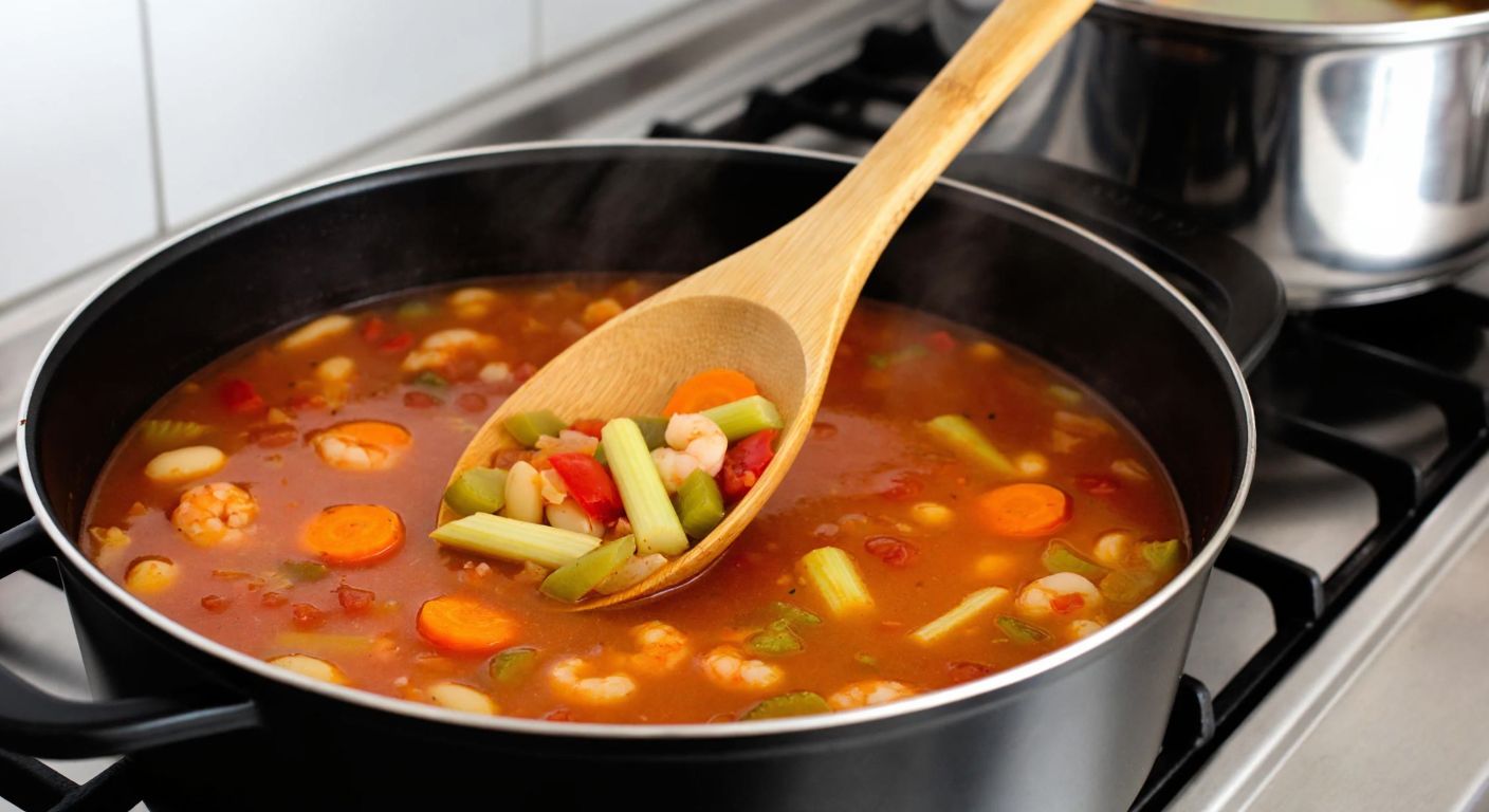A steaming pot of minestrone soup with colorful vegetables like carrots, celery, and tomatoes, resting on a stovetop in a cozy Turkish kitchen, with a wooden spoon stirring it gently.