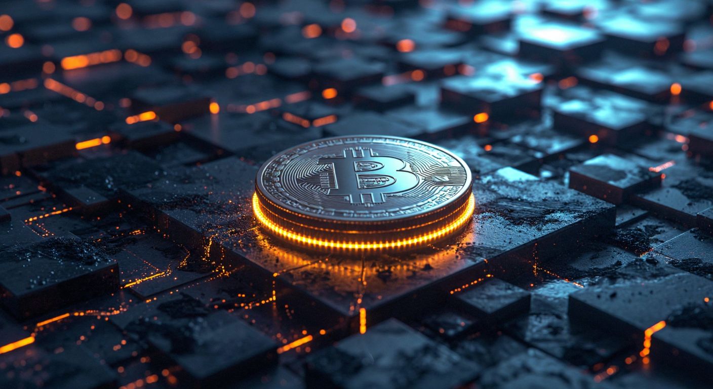 A glowing digital coin with a metallic sheen rests on a dark, abstract blockchain-like surface, surrounded by faint, floating numerical fragments dissolving into the background.