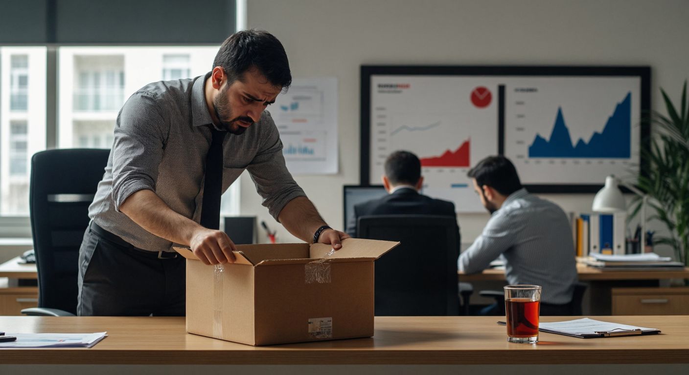 A somber office scene in Turkey with a distressed worker packing a cardboard box while a manager looks away, framed by graphs showing downward trends and a half-empty çay glass on the desk.