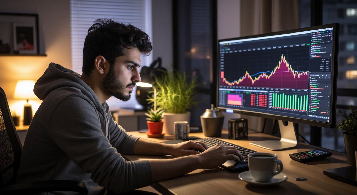 A focused young Turkish trader in a modern home office intensely studies colorful financial charts on a large monitor, with a steaming cup of Turkish coffee beside the keyboard.