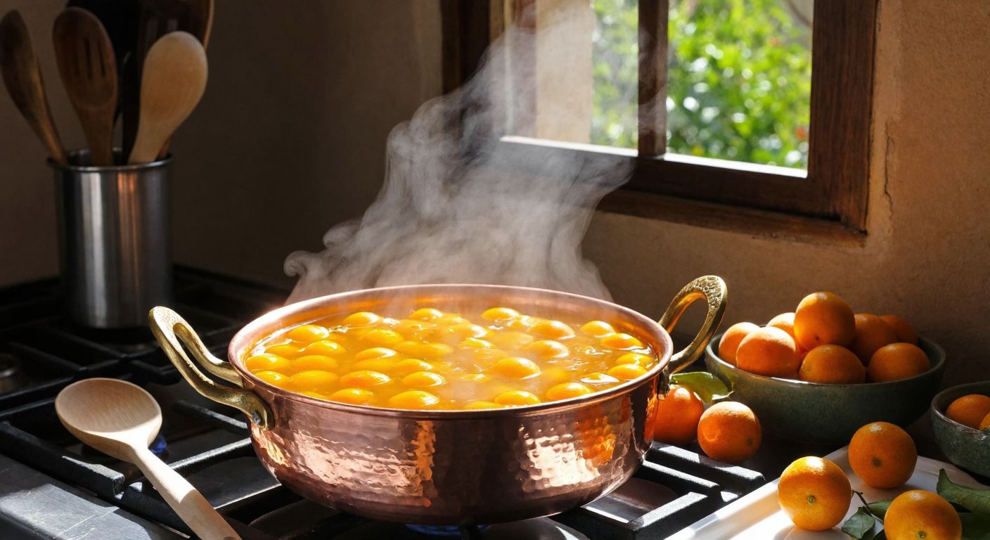 A bubbling copper pot filled with golden kumquat jam on a stove, surrounded by fresh kumquats and wooden spoons in a sunlit Turkish kitchen.