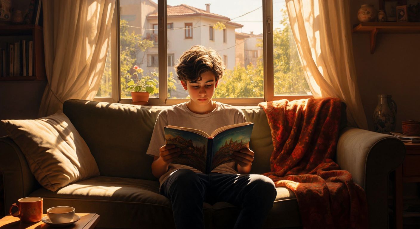A young teenager in Turkey sits on a cozy couch, engrossed in reading a book with a colorful cover, while warm sunlight streams through the window.