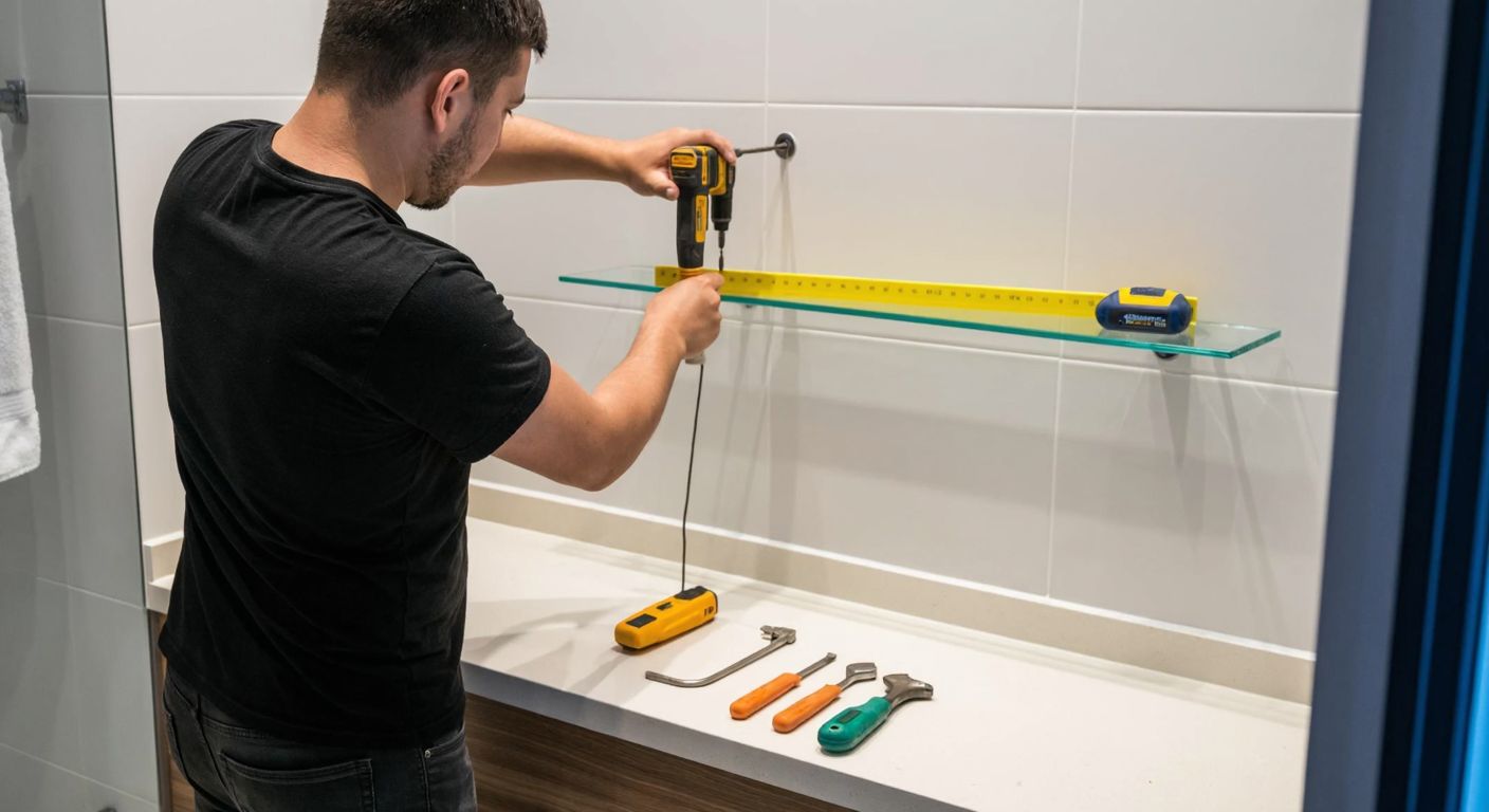 A person in a modern Turkish bathroom carefully drilling holes into a white-tiled wall while holding a level, with a glass shelf and tools laid out neatly on a nearby counter.