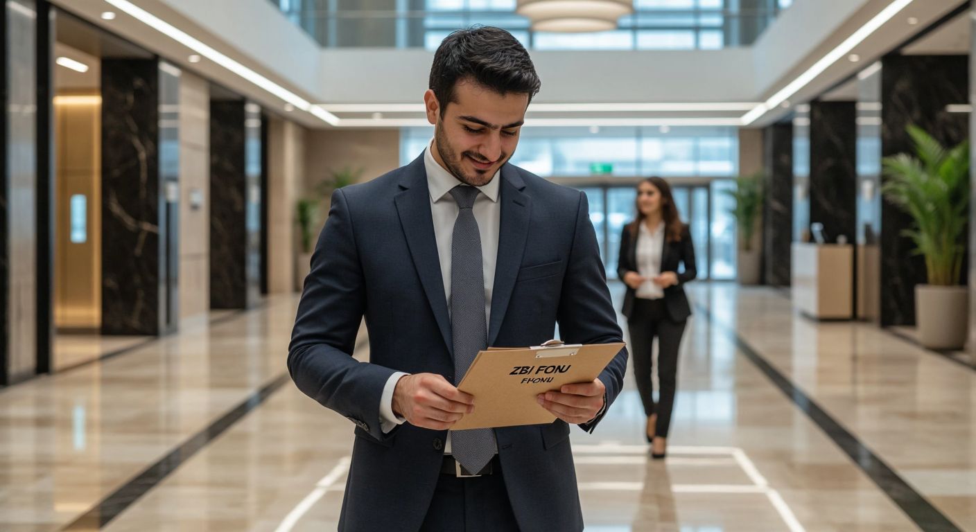 A Turkish businessman in a crisp suit checks his watch while standing in a modern bank lobby with marble floors, holding a folder labeled "ZJB Fonu" (without visible text), as a financial advisor in the background smiles reassuringly.