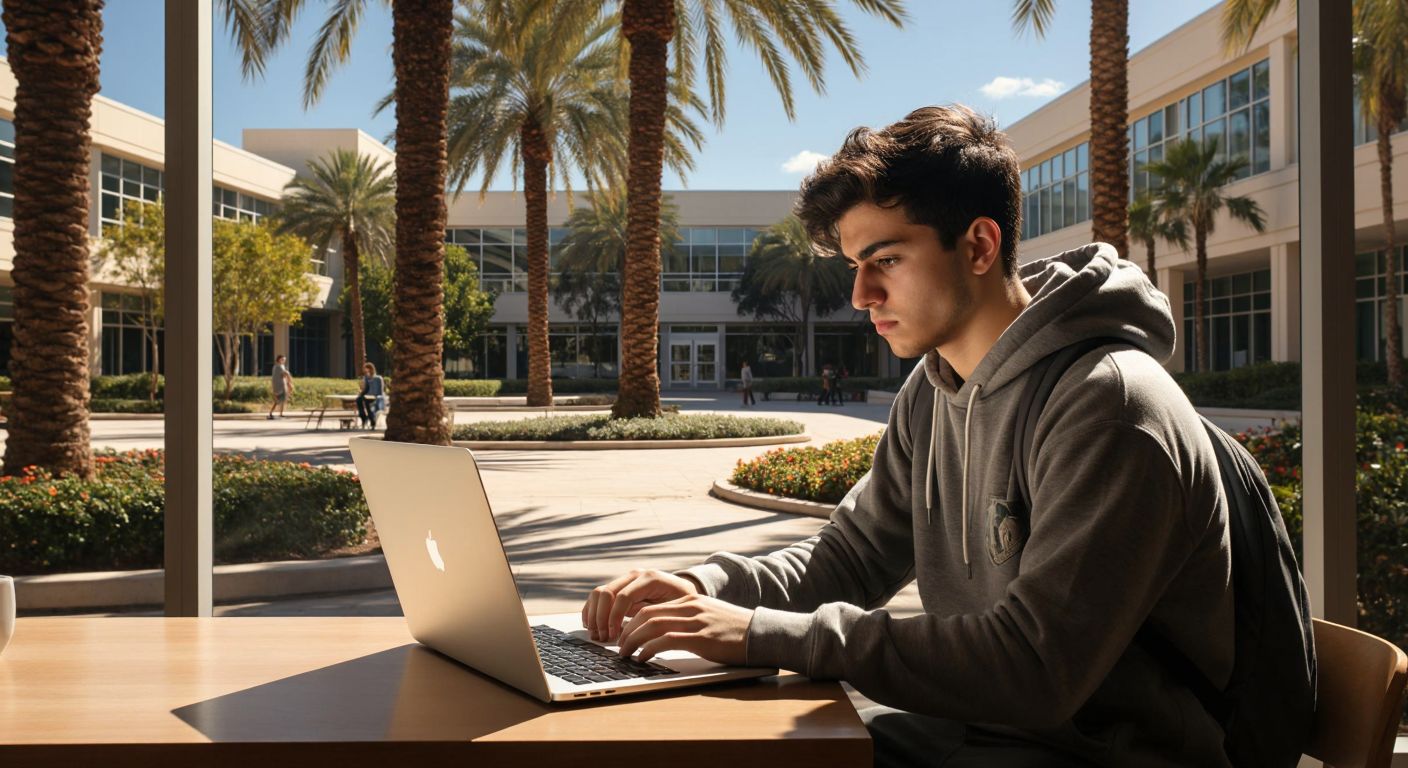 A young Turkish student in a university hoodie sits at a wooden desk with a laptop, focused and slightly nervous, while a sunlit campus courtyard with palm trees and modern academic buildings is visible through the window behind them.