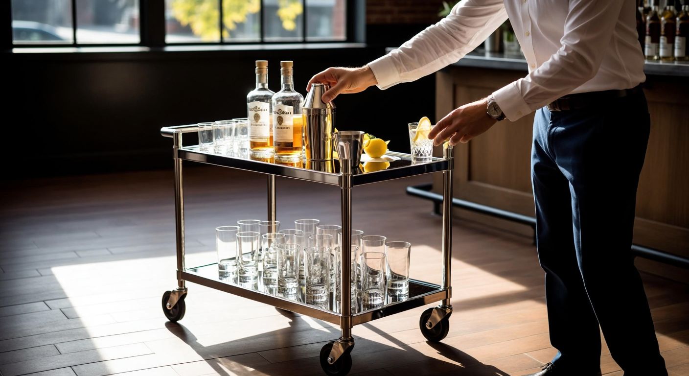 A sleek metal shot service cart with polished wheels stands on a tiled floor, topped with neatly arranged shot glasses, a jigger, and bottles of liquor, while a bartender in a crisp white shirt carefully places a lemon slice garnish beside a row of filled glasses.