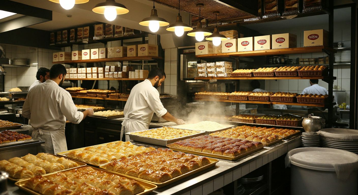 A bustling Turkish bakery with golden trays of baklava and börek, workers in white aprons kneading dough, and shelves lined with Sudem-branded pastry boxes under warm, inviting light.