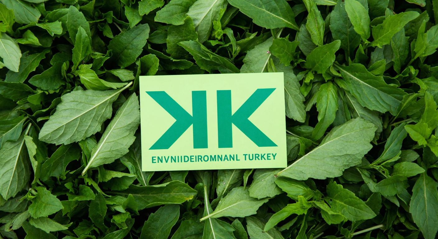A vibrant green YÖK logo resting on a bed of fresh leaves, symbolizing environmental awareness in Turkey.