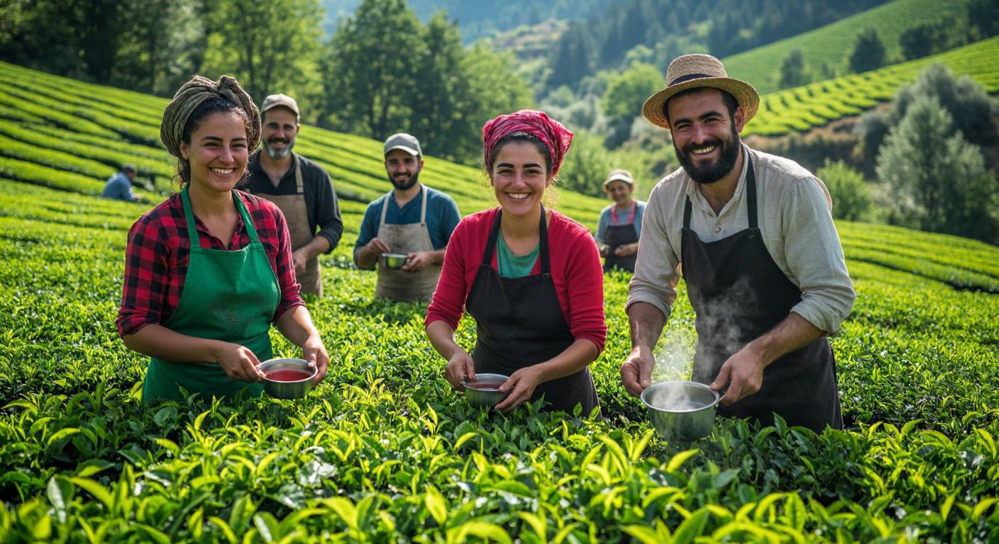 A group of diverse farmers in a lush green tea field in Turkey, smiling as they harvest fresh tea leaves under a bright sun, with steaming cups of çay on a wooden table nearby.