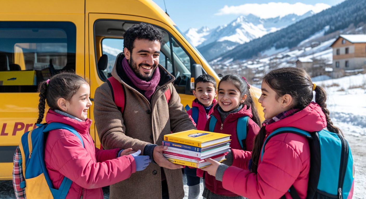 A cheerful group of diverse schoolchildren in Van, dressed in colorful backpacks and uniforms, excitedly receiving stacks of new books from a smiling postal worker near a PTT delivery van, with the snowy mountains of eastern Turkey in the background.